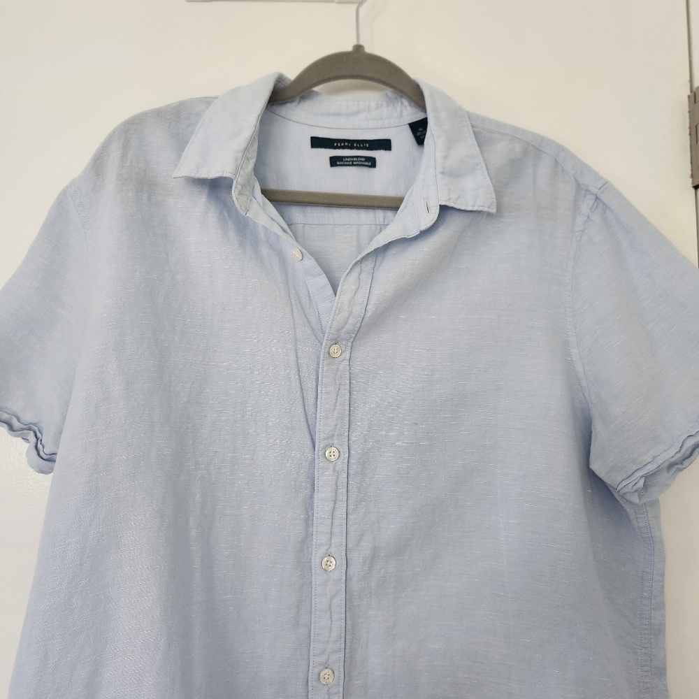 Perry Ellis Linen Blue Shirt Short Sleeve Men’s Size XL - Picture 2 of 7